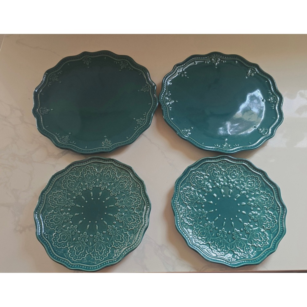 Pioneer Woman Teal Embossed Lace Scalloped Stoneware Plate Set 4pc Dinner Salad